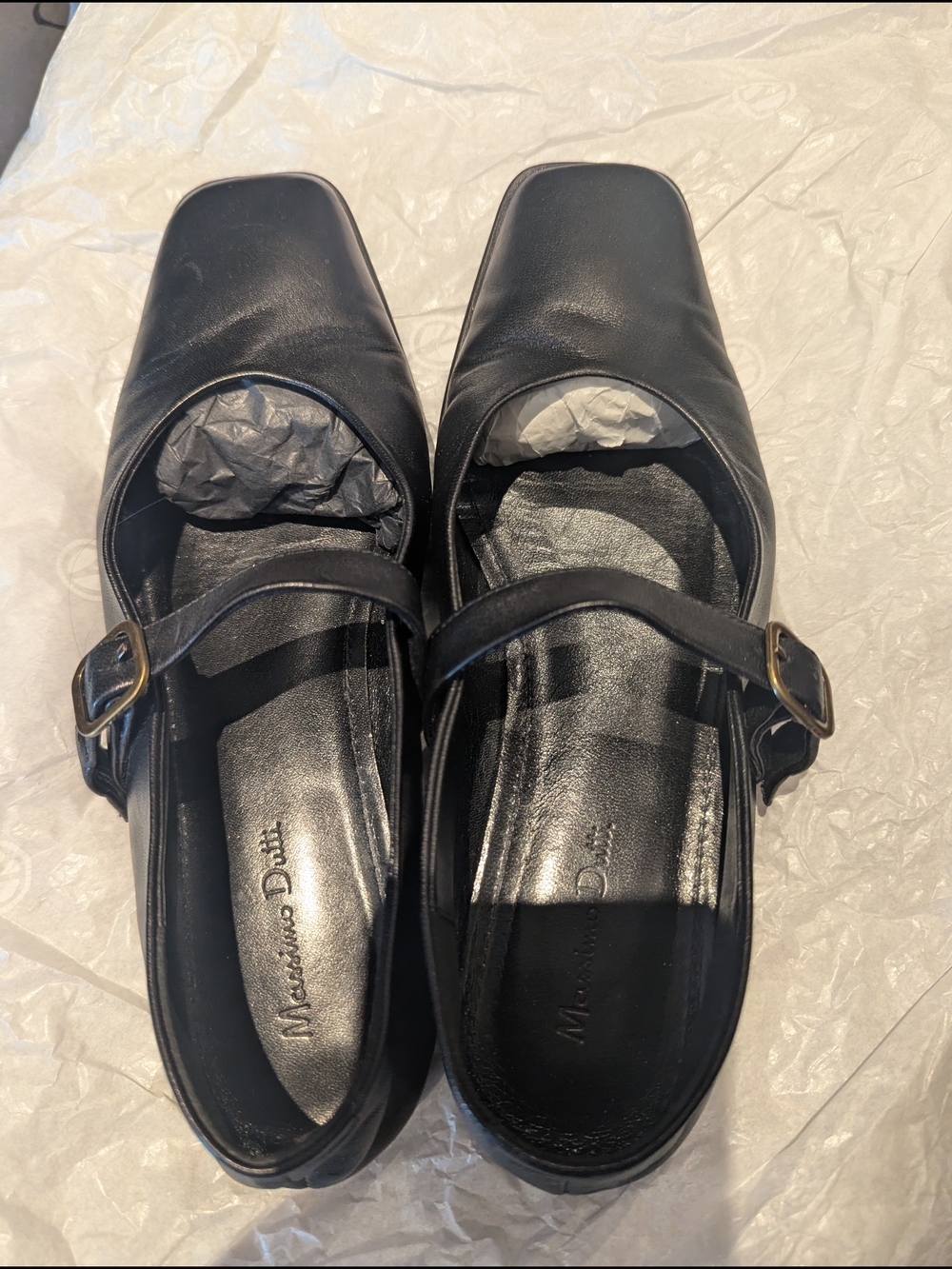 Massimo Dutti Black Leather Square-Toe Mary Jane Mules with Buckle